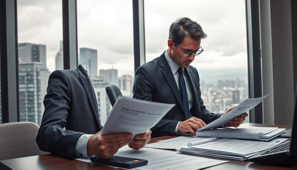 A conceptual image depicting the theme of "underestimated compensation," focusing on a professional setting. In the foreground, a concerned business professional in formal attire examines paperwork and insurance documents with a troubled expression. The middle layer features a desk cluttered with legal papers and a calculator, emphasizing financial analysis and dispute. In the background, a large window shows a gloomy cityscape under overcast skies, hinting at the somber mood of financial struggles and uncertainty. Soft, diffused lighting streams in through the window, casting natural shadows. The overall atmosphere is tense yet focused, embodying the complexities and challenges of inadequate compensation claims. A conceptual image depicting the theme of "underestimated compensation," focusing on a professional setting. In the foreground, a concerned business professional in formal attire examines paperwork and insurance documents with a troubled expression. The middle layer features a desk cluttered with legal papers and a calculator, emphasizing financial analysis and dispute. In the background, a large window shows a gloomy cityscape under overcast skies, hinting at the somber mood of financial struggles and uncertainty. Soft, diffused lighting streams in through the window, casting natural shadows. The overall atmosphere is tense yet focused, embodying the complexities and challenges of inadequate compensation claims.