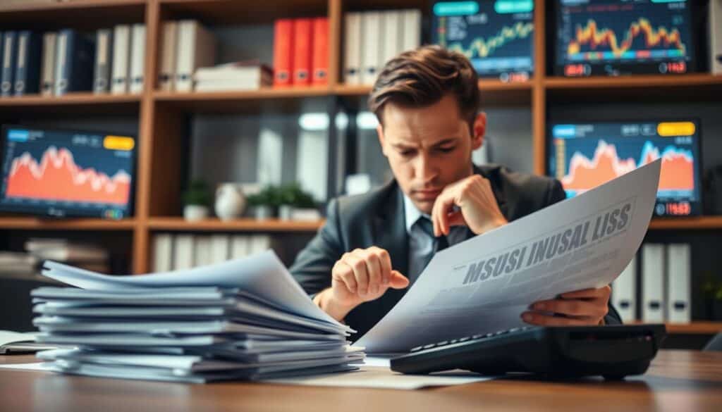 A conceptual image representing "mechanisms for reducing compensation by insurers". In the foreground, a stack of insurance documents and a calculator, symbolizing the complexity of claims processing. The middle layer features a professional-looking individual in business attire, analyzing these documents with a concerned expression, highlighting the tension of the claims process. In the background, a blurred office environment with shelves filled with policy books and digital screens displaying fluctuating graphs, portraying the meticulous nature of insurance evaluations. Use soft indoor lighting to create a serious and contemplative atmosphere, focusing on the subject's expression and the documents. Capture the scene from a slightly angled perspective to add depth. The overall mood should convey urgency and scrutiny in the insurance claim process. A conceptual image representing "mechanisms for reducing compensation by insurers". In the foreground, a stack of insurance documents and a calculator, symbolizing the complexity of claims processing. The middle layer features a professional-looking individual in business attire, analyzing these documents with a concerned expression, highlighting the tension of the claims process. In the background, a blurred office environment with shelves filled with policy books and digital screens displaying fluctuating graphs, portraying the meticulous nature of insurance evaluations. Use soft indoor lighting to create a serious and contemplative atmosphere, focusing on the subject's expression and the documents. Capture the scene from a slightly angled perspective to add depth. The overall mood should convey urgency and scrutiny in the insurance claim process.