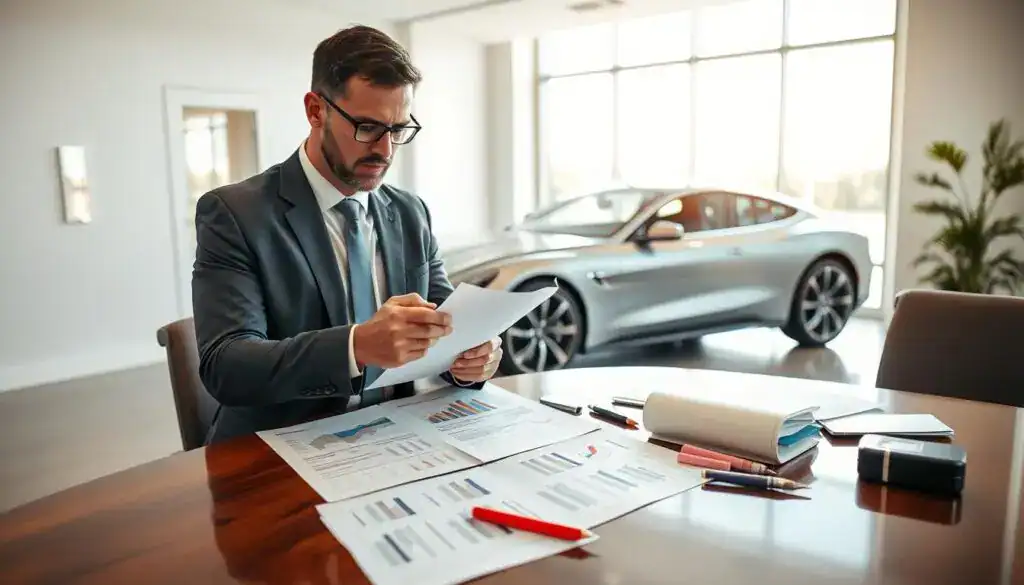 A confident and professional automotive expert, dressed in business attire, is analyzing a car in a well-lit office environment. In the foreground, the expert is examining a detailed report laid out on a polished mahogany desk, with various automotive diagnostic tools and charts scattered around, emphasizing their expertise in vehicle valuation. The middle ground features a sleek modern car, highlighting its curves and details, suggesting high value. In the background, a large window reveals a bright day outside, enhancing the atmosphere of professionalism and trust. Soft, natural lighting reflects the seriousness of the evaluation process, conveying a sense of reliability and thoroughness in vehicle appraisal. A confident and professional automotive expert, dressed in business attire, is analyzing a car in a well-lit office environment. In the foreground, the expert is examining a detailed report laid out on a polished mahogany desk, with various automotive diagnostic tools and charts scattered around, emphasizing their expertise in vehicle valuation. The middle ground features a sleek modern car, highlighting its curves and details, suggesting high value. In the background, a large window reveals a bright day outside, enhancing the atmosphere of professionalism and trust. Soft, natural lighting reflects the seriousness of the evaluation process, conveying a sense of reliability and thoroughness in vehicle appraisal.