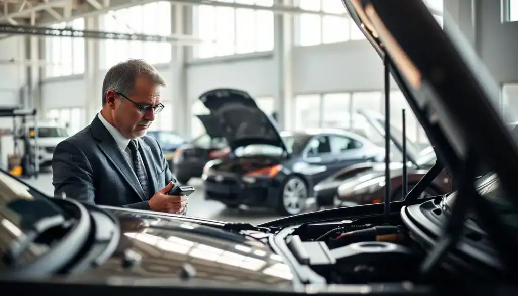 A detailed automotive appraisal scene, featuring a professional, middle-aged male expert in a sleek suit examining a vehicle's exterior under bright, natural lighting. In the foreground, the expert is focused on a high-end car with an open hood, examining the engine with a diagnostic tool. In the middle ground, a spacious, well-lit automotive workshop is filled with various vehicles and tools, showcasing an organized and efficient environment. The background reveals large windows letting in sunlight, enhancing the clean and polished atmosphere. The mood is serious and professional, conveying a sense of expertise and thoroughness, emphasizing the importance of accurate appraisals in automotive evaluations. The image should capture a sense of anticipation, as if preparing for an important valuation meeting. A detailed automotive appraisal scene, featuring a professional, middle-aged male expert in a sleek suit examining a vehicle's exterior under bright, natural lighting. In the foreground, the expert is focused on a high-end car with an open hood, examining the engine with a diagnostic tool. In the middle ground, a spacious, well-lit automotive workshop is filled with various vehicles and tools, showcasing an organized and efficient environment. The background reveals large windows letting in sunlight, enhancing the clean and polished atmosphere. The mood is serious and professional, conveying a sense of expertise and thoroughness, emphasizing the importance of accurate appraisals in automotive evaluations. The image should capture a sense of anticipation, as if preparing for an important valuation meeting.