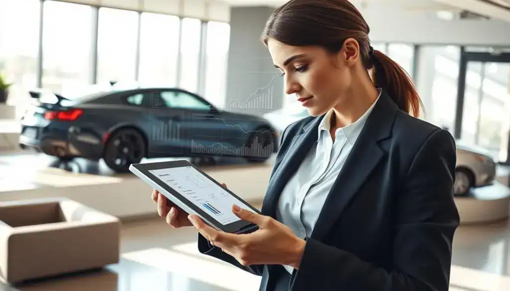 A detailed scene illustrating car insurance evaluation, featuring a split-screen composition. In the foreground, a professional-looking woman in business attire, holding a digital tablet showing insurance policy details, appears focused and engaged. The middle ground showcases two cars, one sporty and one a family sedan, symbolizing different insurance options, with a faint overlay of financial charts and graphs to depict valuation. The background depicts a modern office setting with bright natural lighting coming through large windows, casting soft shadows. The mood is analytical and professional, conveying a sense of trust and competence in the insurance industry. The angle is slightly elevated, providing a comprehensive view of the scene without any text or branding elements. A detailed scene illustrating car insurance evaluation, featuring a split-screen composition. In the foreground, a professional-looking woman in business attire, holding a digital tablet showing insurance policy details, appears focused and engaged. The middle ground showcases two cars, one sporty and one a family sedan, symbolizing different insurance options, with a faint overlay of financial charts and graphs to depict valuation. The background depicts a modern office setting with bright natural lighting coming through large windows, casting soft shadows. The mood is analytical and professional, conveying a sense of trust and competence in the insurance industry. The angle is slightly elevated, providing a comprehensive view of the scene without any text or branding elements.
