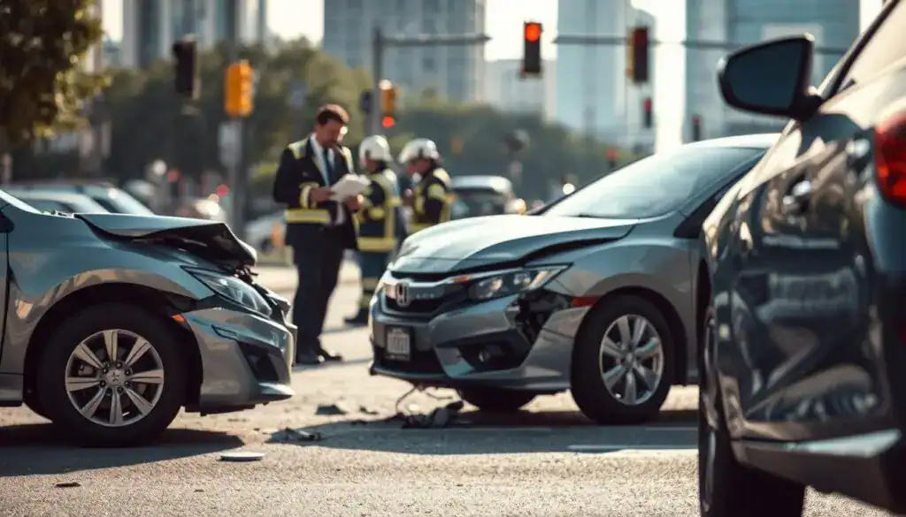 A detailed scene showcasing a road accident involving two vehicles for an analysis of vehicle valuation. In the foreground, a damaged sedan with crumpled fenders and shattered glass, reflecting the aftermath of a collision. Nearby, a professional in business attire examines the damage with a notepad, analyzing the situation thoroughly. In the middle ground, emergency response personnel are assessing the scene, adding a sense of urgency. The background features a blurred urban setting, hinting at a city environment with tall buildings and traffic lights. The lighting is soft and natural, resembling late afternoon, casting gentle shadows and highlighting the details of the vehicles and the professionals. The atmosphere conveys a serious yet analytical mood, suitable for an evaluation discussion. A detailed scene showcasing a road accident involving two vehicles for an analysis of vehicle valuation. In the foreground, a damaged sedan with crumpled fenders and shattered glass, reflecting the aftermath of a collision. Nearby, a professional in business attire examines the damage with a notepad, analyzing the situation thoroughly. In the middle ground, emergency response personnel are assessing the scene, adding a sense of urgency. The background features a blurred urban setting, hinting at a city environment with tall buildings and traffic lights. The lighting is soft and natural, resembling late afternoon, casting gentle shadows and highlighting the details of the vehicles and the professionals. The atmosphere conveys a serious yet analytical mood, suitable for an evaluation discussion.