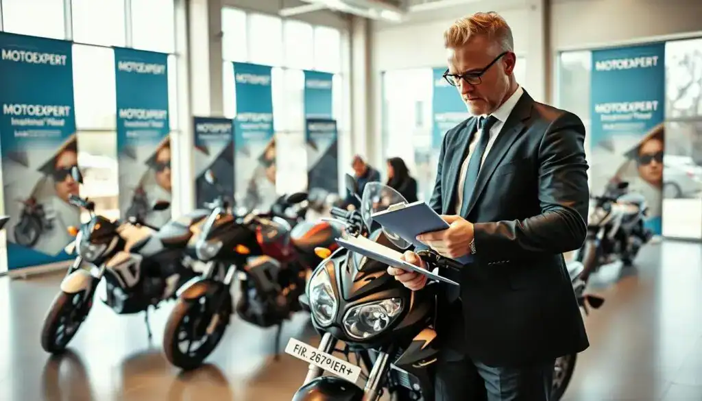 A dynamic and professional scene showcasing the concept of "MOTOEXPERT wycena." In the foreground, a confident business professional in a sleek suit, examining a motorcycle with a clipboard in hand, highlighting attention to detail. In the middle ground, various motorcycles are parked in an organized, modern showroom filled with soft, natural light, which streams through large glass windows. The background features subtle yet stylish promotional banners for MOTOEXPERT, emphasizing quality and value. The atmosphere is one of professionalism and expertise, with warm lighting evoking a sense of trust and reliability. Capture the scene from a slightly elevated angle to create depth and focus on the interaction between the professional and the motorcycles. A dynamic and professional scene showcasing the concept of "MOTOEXPERT wycena." In the foreground, a confident business professional in a sleek suit, examining a motorcycle with a clipboard in hand, highlighting attention to detail. In the middle ground, various motorcycles are parked in an organized, modern showroom filled with soft, natural light, which streams through large glass windows. The background features subtle yet stylish promotional banners for MOTOEXPERT, emphasizing quality and value. The atmosphere is one of professionalism and expertise, with warm lighting evoking a sense of trust and reliability. Capture the scene from a slightly elevated angle to create depth and focus on the interaction between the professional and the motorcycles.