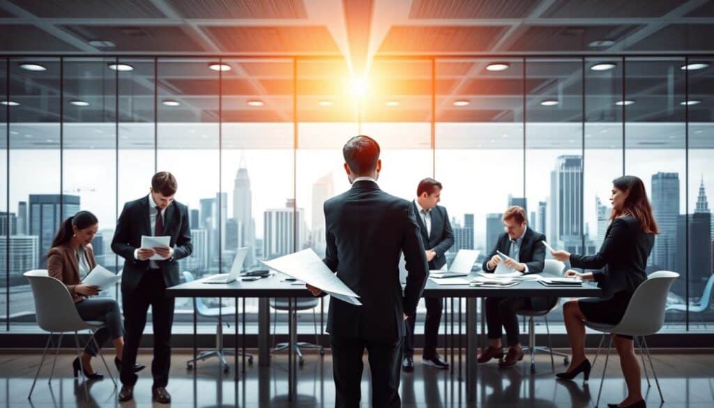 A dynamic composition illustrating the differences in approach among insurance companies, featuring a split scene. In the foreground, a professional business meeting is taking place, showcasing diverse agents in formal attire discussing policy documents and charts. In the middle ground, contrasting scenes depict two distinct office environments: one is modern and sleek with digital technology, while the other is traditional with paper files and a vintage feel. In the background, cityscapes representing various business districts can be seen, symbolizing different markets and strategies. The lighting is bright and professional, emphasizing clarity and focus on the agents and documents, with a slight blur in the background to enhance depth. The atmosphere is serious yet collaborative, reflecting the complex nature of the insurance industry. A dynamic composition illustrating the differences in approach among insurance companies, featuring a split scene. In the foreground, a professional business meeting is taking place, showcasing diverse agents in formal attire discussing policy documents and charts. In the middle ground, contrasting scenes depict two distinct office environments: one is modern and sleek with digital technology, while the other is traditional with paper files and a vintage feel. In the background, cityscapes representing various business districts can be seen, symbolizing different markets and strategies. The lighting is bright and professional, emphasizing clarity and focus on the agents and documents, with a slight blur in the background to enhance depth. The atmosphere is serious yet collaborative, reflecting the complex nature of the insurance industry.
