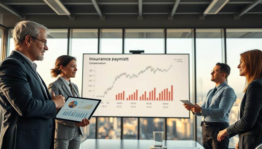 A dynamic scene depicting a professional business meeting in a modern office environment. In the foreground, a group of four diverse, business-attired individuals discussed with determined expressions, one presenting analysis on a digital tablet. In the middle ground, charts and graphs showing fluctuating compensation figures are projected on a screen, emphasizing the struggle for higher insurance payouts. The background reveals a panoramic city view through large glass windows, bathed in soft afternoon light that creates a focused atmosphere. Use a shallow depth of field to ensure the individuals and visual data stand out clearly, evoking a sense of urgency and professionalism in their discussion about insurance claims. A dynamic scene depicting a professional business meeting in a modern office environment. In the foreground, a group of four diverse, business-attired individuals discussed with determined expressions, one presenting analysis on a digital tablet. In the middle ground, charts and graphs showing fluctuating compensation figures are projected on a screen, emphasizing the struggle for higher insurance payouts. The background reveals a panoramic city view through large glass windows, bathed in soft afternoon light that creates a focused atmosphere. Use a shallow depth of field to ensure the individuals and visual data stand out clearly, evoking a sense of urgency and professionalism in their discussion about insurance claims.