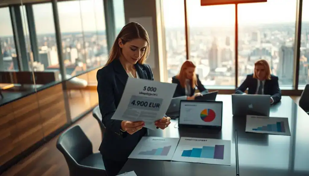 A financial analysis scene depicting a professional meeting in a modern office. In the foreground, a businesswoman in a sharp, professional attire examines a document labeled "4,900 EUR" with a thoughtful expression. In the middle, there's a sleek conference table with laptops and charts comparing insurance valuations, specifically focusing on "Ubezpieczyciel" and "MOTOEXPERT." In the background, a large window reveals a panoramic view of a bustling city skyline, symbolizing the regional influence on pricing. Warm, soft daylight filters through, creating an inviting atmosphere. The angle is slightly above eye level, capturing the interaction between the businesswoman and her colleagues, emphasizing collaboration and analysis. The image conveys a serious yet optimistic mood, highlighting the importance of regional variations in insurance valuations. A financial analysis scene depicting a professional meeting in a modern office. In the foreground, a businesswoman in a sharp, professional attire examines a document labeled "4,900 EUR" with a thoughtful expression. In the middle, there's a sleek conference table with laptops and charts comparing insurance valuations, specifically focusing on "Ubezpieczyciel" and "MOTOEXPERT." In the background, a large window reveals a panoramic view of a bustling city skyline, symbolizing the regional influence on pricing. Warm, soft daylight filters through, creating an inviting atmosphere. The angle is slightly above eye level, capturing the interaction between the businesswoman and her colleagues, emphasizing collaboration and analysis. The image conveys a serious yet optimistic mood, highlighting the importance of regional variations in insurance valuations.