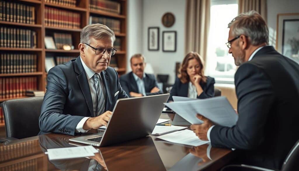 A focused professional dispute scene illustrating the role of an expert appraiser in the insurance compensation process. In the foreground, a serious-looking appraiser, dressed in a crisp suit, reviews documents on a sleek table, with a laptop displaying data analysis. In the middle ground, two concerned clients sit across from the appraiser, visibly anxious yet hopeful. The background shows an office with shelves filled with legal books and framed certifications, adding a sense of authority and expertise. Soft, natural lighting filters through a window, creating a warm and inviting atmosphere. A moderate depth of field focuses on the appraiser and clients, while blurred background elements suggest a bustling office environment, underscoring the tension of claiming insurance. A focused professional dispute scene illustrating the role of an expert appraiser in the insurance compensation process. In the foreground, a serious-looking appraiser, dressed in a crisp suit, reviews documents on a sleek table, with a laptop displaying data analysis. In the middle ground, two concerned clients sit across from the appraiser, visibly anxious yet hopeful. The background shows an office with shelves filled with legal books and framed certifications, adding a sense of authority and expertise. Soft, natural lighting filters through a window, creating a warm and inviting atmosphere. A moderate depth of field focuses on the appraiser and clients, while blurred background elements suggest a bustling office environment, underscoring the tension of claiming insurance.
