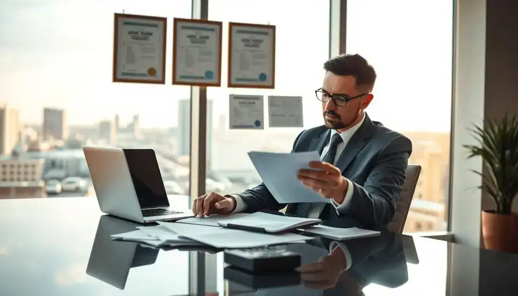 A legal expert examining vehicle valuation documents in a modern office setting. In the foreground, a professional-looking person in business attire sits at a sleek, polished desk cluttered with papers, a laptop, and a calculator, deep in thought. The middle ground features a large window allowing natural light to illuminate the room, with a cityscape background that hints at a bustling urban environment. Soft, warm lighting creates a serious yet contemplative atmosphere. On a wall behind the expert, framed legal certificates and charts about vehicle valuation methodologies add context. The image conveys professionalism and the complexity of legal aspects in car valuations. A legal expert examining vehicle valuation documents in a modern office setting. In the foreground, a professional-looking person in business attire sits at a sleek, polished desk cluttered with papers, a laptop, and a calculator, deep in thought. The middle ground features a large window allowing natural light to illuminate the room, with a cityscape background that hints at a bustling urban environment. Soft, warm lighting creates a serious yet contemplative atmosphere. On a wall behind the expert, framed legal certificates and charts about vehicle valuation methodologies add context. The image conveys professionalism and the complexity of legal aspects in car valuations.