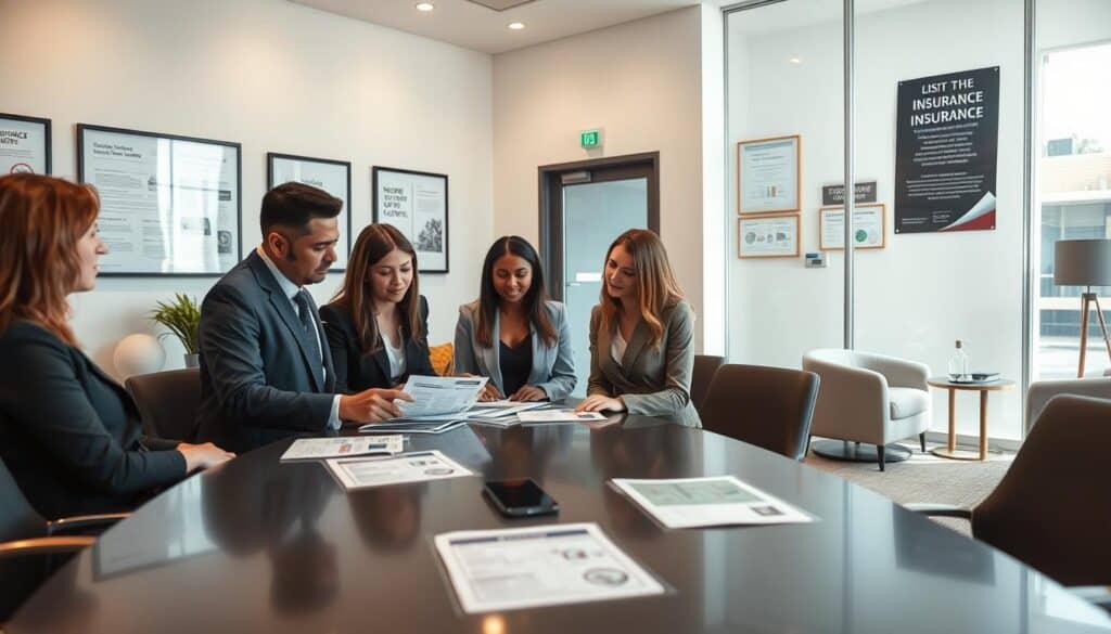 A modern insurance office interior, focusing on a professional setting. In the foreground, a diverse group of four individuals, dressed in smart business attire, discusses documents around a sleek conference table. They appear engaged and serious, symbolizing a collaborative effort to understand insurance rights. In the middle ground, a large window lets in soft, natural light, illuminating charts and brochures related to insurance claims and rights displayed prominently. The walls are adorned with framed certificates and motivational posters. In the background, a glass door leads to a waiting area with comfortable seating, creating a welcoming atmosphere. The mood is focused and empowering, highlighting the importance of being informed about insurance rights. A modern insurance office interior, focusing on a professional setting. In the foreground, a diverse group of four individuals, dressed in smart business attire, discusses documents around a sleek conference table. They appear engaged and serious, symbolizing a collaborative effort to understand insurance rights. In the middle ground, a large window lets in soft, natural light, illuminating charts and brochures related to insurance claims and rights displayed prominently. The walls are adorned with framed certificates and motivational posters. In the background, a glass door leads to a waiting area with comfortable seating, creating a welcoming atmosphere. The mood is focused and empowering, highlighting the importance of being informed about insurance rights.