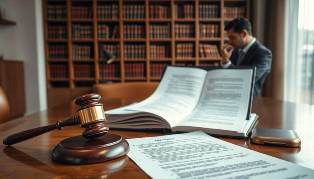 A modern law office interior, featuring a polished wooden desk with legal documents and a gavel prominently displayed in the foreground. In the middle, an open law book lies next to a laptop, depicting insurance policy templates and regulations related to compensation claims. The background features a large bookshelf filled with law books, soft light filtering through a window casting a warm glow over the scene. A silhouette of a professional person in smart business attire can be seen contemplating the documents, with a serious yet thoughtful expression. The mood is formal and analytical, capturing the essence of legal discussion around insurance compensation in Germany, with a focus on the complexities of claims and legal standards. A modern law office interior, featuring a polished wooden desk with legal documents and a gavel prominently displayed in the foreground. In the middle, an open law book lies next to a laptop, depicting insurance policy templates and regulations related to compensation claims. The background features a large bookshelf filled with law books, soft light filtering through a window casting a warm glow over the scene. A silhouette of a professional person in smart business attire can be seen contemplating the documents, with a serious yet thoughtful expression. The mood is formal and analytical, capturing the essence of legal discussion around insurance compensation in Germany, with a focus on the complexities of claims and legal standards.