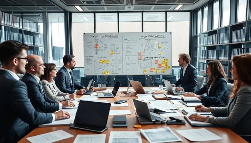 A modern legal office environment illustrating changes in legal regulations. In the foreground, a diverse group of professionals, both men and women, dressed in formal business attire, engaged in a discussion around a large table strewn with legal documents and laptops. In the middle ground, a large whiteboard displays complex diagrams and charts representing regulatory changes, with sticky notes highlighting key points. The background features glass walls and shelves filled with legal books, illuminated by natural light streaming in through large windows, giving a bright and inspiring atmosphere. The overall mood conveys a sense of urgency and collaboration, capturing the dynamic nature of legal processes. A modern legal office environment illustrating changes in legal regulations. In the foreground, a diverse group of professionals, both men and women, dressed in formal business attire, engaged in a discussion around a large table strewn with legal documents and laptops. In the middle ground, a large whiteboard displays complex diagrams and charts representing regulatory changes, with sticky notes highlighting key points. The background features glass walls and shelves filled with legal books, illuminated by natural light streaming in through large windows, giving a bright and inspiring atmosphere. The overall mood conveys a sense of urgency and collaboration, capturing the dynamic nature of legal processes.