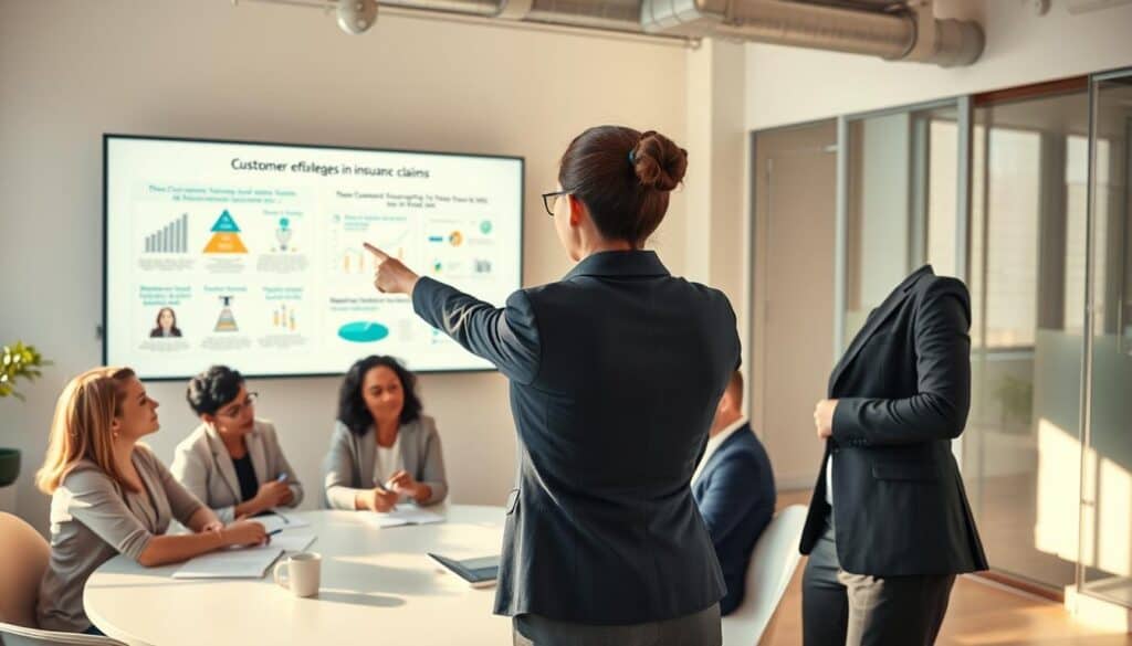 A modern office environment depicted in an educational setting, showcasing two professional business individuals engaged in discussion. In the foreground, a confident woman in smart business attire points at a screen displaying engaging infographics about customer knowledge in insurance claims. The middle ground features a diverse group of attentive clients, seated at a round table, taking notes and looking intrigued. The background reveals a large window with natural light streaming in, illuminating the room and creating a clear, airy atmosphere. Soft, warm lighting enhances the mood of collaboration and learning. The angle is slightly elevated, capturing the interactions from above while maintaining focus on the engaged figures, fostering a sense of dedication to client education and awareness. A modern office environment depicted in an educational setting, showcasing two professional business individuals engaged in discussion. In the foreground, a confident woman in smart business attire points at a screen displaying engaging infographics about customer knowledge in insurance claims. The middle ground features a diverse group of attentive clients, seated at a round table, taking notes and looking intrigued. The background reveals a large window with natural light streaming in, illuminating the room and creating a clear, airy atmosphere. Soft, warm lighting enhances the mood of collaboration and learning. The angle is slightly elevated, capturing the interactions from above while maintaining focus on the engaged figures, fostering a sense of dedication to client education and awareness.