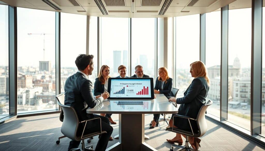 A modern office environment showcasing current trends in the insurance market in Germany. In the foreground, a diverse group of professionals in business attire is engaged in a discussion around a digital tablet displaying insurance statistics and graphs. The middle ground features a sleek conference table surrounded by stylish office chairs, while large windows in the background allow natural light to flood the room, revealing a cityscape of Berlin. Bright and vibrant colors signify innovation and growth, enhancing the atmosphere of collaboration and success. The angle captures the dynamic interaction, conveying a sense of urgency and forward-thinking in the insurance industry. Focus on clarity and professionalism, avoiding clutter or distractions in the image. A modern office environment showcasing current trends in the insurance market in Germany. In the foreground, a diverse group of professionals in business attire is engaged in a discussion around a digital tablet displaying insurance statistics and graphs. The middle ground features a sleek conference table surrounded by stylish office chairs, while large windows in the background allow natural light to flood the room, revealing a cityscape of Berlin. Bright and vibrant colors signify innovation and growth, enhancing the atmosphere of collaboration and success. The angle captures the dynamic interaction, conveying a sense of urgency and forward-thinking in the insurance industry. Focus on clarity and professionalism, avoiding clutter or distractions in the image.