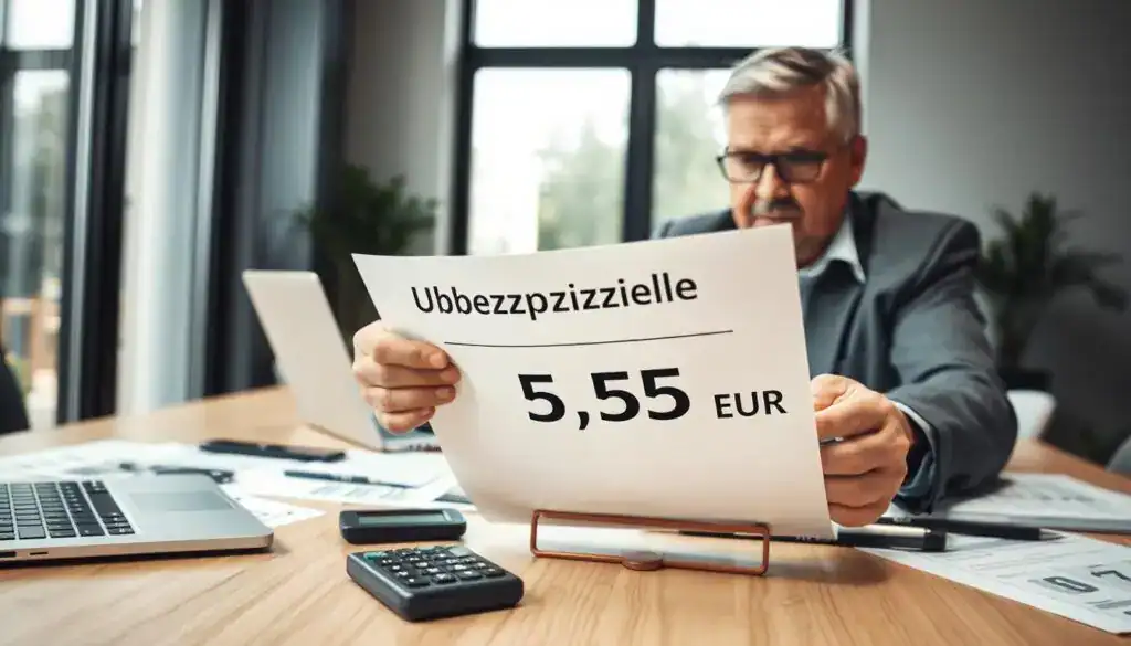 A modern office setting showcasing a professional insurance adjuster analyzing a document labeled "Ubezpieczyciel 5 555 EUR". In the foreground, the adjuster, a middle-aged individual in business attire, is intently reviewing the paperwork with a serious expression. The middle ground features a sleek desk with modern tools like a laptop, a calculator, and various insurance reports scattered around. The background depicts a large window allowing soft, natural light to fill the room, creating a bright atmosphere. The angle is slightly elevated, capturing the adjuster’s focused demeanor while maintaining a clear view of the workspace. The mood is professional and contemplative, reflecting the seriousness of insurance valuation and claims. A modern office setting showcasing a professional insurance adjuster analyzing a document labeled "Ubezpieczyciel 5 555 EUR". In the foreground, the adjuster, a middle-aged individual in business attire, is intently reviewing the paperwork with a serious expression. The middle ground features a sleek desk with modern tools like a laptop, a calculator, and various insurance reports scattered around. The background depicts a large window allowing soft, natural light to fill the room, creating a bright atmosphere. The angle is slightly elevated, capturing the adjuster’s focused demeanor while maintaining a clear view of the workspace. The mood is professional and contemplative, reflecting the seriousness of insurance valuation and claims.