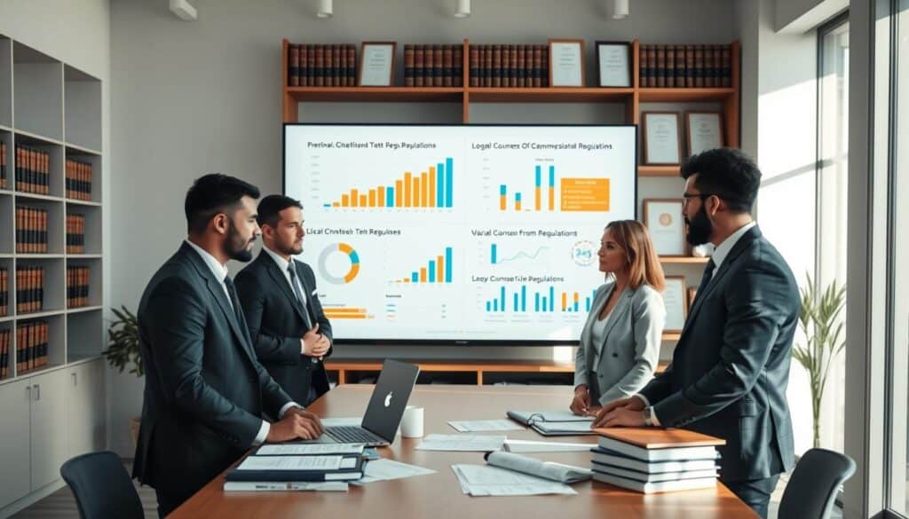 A modern, professional office setting inspired by changes in compensation regulations. In the foreground, a diverse group of three professionals—two men and one woman—dressed in business attire, are engaged in a serious discussion around a table filled with legal documents and a laptop. In the middle ground, charts and infographics of compensation data are displayed on a large screen, highlighting key changes in regulations. The background features shelves lined with law books and framed certificates, emphasizing a sense of authority. Soft, natural lighting filters through large windows, casting gentle shadows. The atmosphere is focused and analytical, reflecting the complexities and importance of recent regulatory changes. A modern, professional office setting inspired by changes in compensation regulations. In the foreground, a diverse group of three professionals—two men and one woman—dressed in business attire, are engaged in a serious discussion around a table filled with legal documents and a laptop. In the middle ground, charts and infographics of compensation data are displayed on a large screen, highlighting key changes in regulations. The background features shelves lined with law books and framed certificates, emphasizing a sense of authority. Soft, natural lighting filters through large windows, casting gentle shadows. The atmosphere is focused and analytical, reflecting the complexities and importance of recent regulatory changes.
