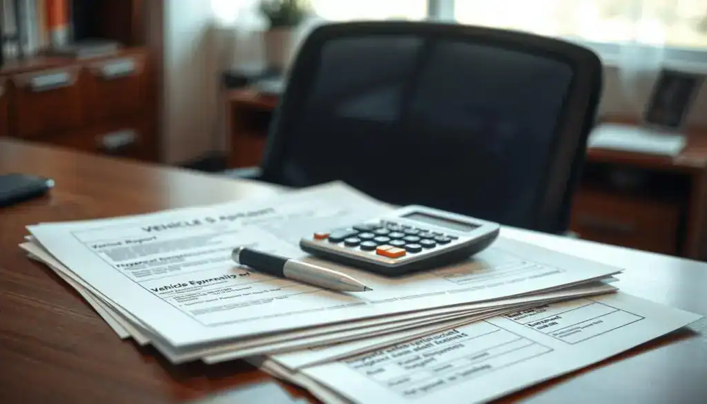 A neatly arranged collection of essential vehicle appraisal documents displayed on a sleek wooden desk. In the foreground, a well-organized stack of papers, including a vehicle history report, title documents, inspection records, and repair estimates, all neatly labeled and easy to read. In the middle, a professional-looking calculator and a pen, hinting at calculations underway. The background features a blurred office environment with soft, natural lighting filtering through the window, creating a calm and focused atmosphere. The scene conveys professionalism and organization, inviting trust and reliability in the vehicle valuation process. The angle is slightly above eye level, capturing the desk’s neatness while giving a sense of depth to the office space.