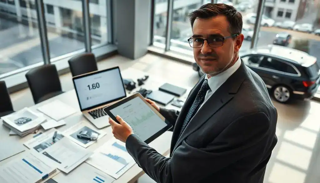 A professional and detailed depiction of a MOTOEXPERT automotive appraiser in an office setting, showcasing a range of vehicle valuation tools and charts. In the foreground, a well-dressed appraiser, wearing a tailored suit, holds a digital tablet displaying vehicle data. The middle ground features a large, modern desk cluttered with valuation reports, car manuals, and a laptop open to appraisal software. The background includes windows with a view of a busy city street, providing a sense of activity and professionalism. Soft, natural lighting fills the room, creating a clear and inviting atmosphere. The composition is shot from a slight angle to emphasize the appraiser's focused expression and the bustling environment of the appraisal process. A professional and detailed depiction of a MOTOEXPERT automotive appraiser in an office setting, showcasing a range of vehicle valuation tools and charts. In the foreground, a well-dressed appraiser, wearing a tailored suit, holds a digital tablet displaying vehicle data. The middle ground features a large, modern desk cluttered with valuation reports, car manuals, and a laptop open to appraisal software. The background includes windows with a view of a busy city street, providing a sense of activity and professionalism. Soft, natural lighting fills the room, creating a clear and inviting atmosphere. The composition is shot from a slight angle to emphasize the appraiser's focused expression and the bustling environment of the appraisal process.