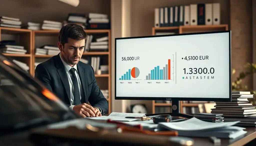 A professional and dynamic workspace scene that illustrates the concept of "communication damage assessment." In the foreground, a focused insurance adjuster in business attire examines a vehicle in an office setting, with a variety of tools and reports spread out on a desk. In the middle, there are detailed diagrams and charts on a large screen displaying two contrasting valuations, emphasizing the figures 6,100 EUR and 13,200 EUR. The background shows shelves filled with reference books on insurance and automobile damage, creating an atmosphere of analysis and professionalism. Soft, natural lighting filters in through a window, casting warm tones across the scene, while a shallow depth of field highlights the adjuster’s concentrated expression and the intricate details of the documents. The mood is serious and analytical, reflecting the investigative nature of the case study.