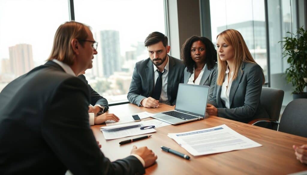 A professional and empathetic scene depicting a group of individuals discussing their rights related to insurance claims, focusing on "prawa poszkodowanych". In the foreground, a diverse group of three people in professional business attire are engaged in conversation, showcasing their expressions of concern and determination. The middle ground features a table with legal documents and a laptop opened to an insurance website. In the background, a well-lit modern office environment with a large window letting in natural light, revealing a cityscape. The mood is serious yet hopeful, emphasizing the importance of understanding rights during the claims process. The camera angle captures the group's interaction from a slightly elevated perspective, creating a sense of involvement and urgency. A professional and empathetic scene depicting a group of individuals discussing their rights related to insurance claims, focusing on "prawa poszkodowanych". In the foreground, a diverse group of three people in professional business attire are engaged in conversation, showcasing their expressions of concern and determination. The middle ground features a table with legal documents and a laptop opened to an insurance website. In the background, a well-lit modern office environment with a large window letting in natural light, revealing a cityscape. The mood is serious yet hopeful, emphasizing the importance of understanding rights during the claims process. The camera angle captures the group's interaction from a slightly elevated perspective, creating a sense of involvement and urgency.