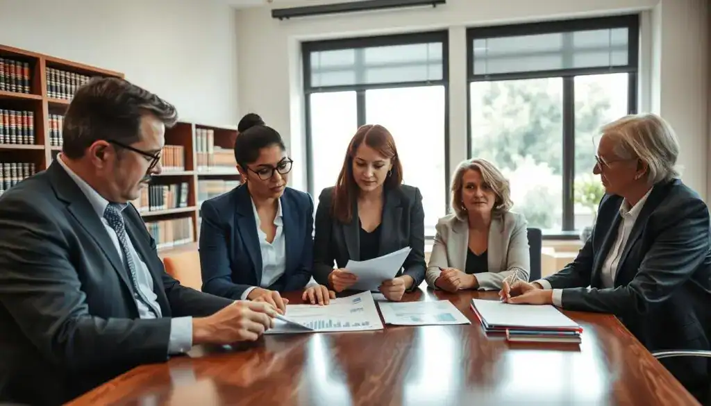 A professional and well-lit office setting, demonstrating a consultation about insurance valuations. In the foreground, a diverse group of three individuals, dressed in smart business attire, are engaged in a serious discussion, examining documents on a polished wooden table. One person, a middle-aged man, is pointing to a chart while a young woman, taking notes, looks thoughtfully at the documents. Beside them, a middle-aged woman is seated, listening intently. In the middle background, bookshelves filled with legal and financial texts create an academic atmosphere, while large windows allow natural light to flood the room, creating a warm, inviting glow. The mood is focused and professional, capturing the essence of customer opinions on insurance evaluations. A professional and well-lit office setting, demonstrating a consultation about insurance valuations. In the foreground, a diverse group of three individuals, dressed in smart business attire, are engaged in a serious discussion, examining documents on a polished wooden table. One person, a middle-aged man, is pointing to a chart while a young woman, taking notes, looks thoughtfully at the documents. Beside them, a middle-aged woman is seated, listening intently. In the middle background, bookshelves filled with legal and financial texts create an academic atmosphere, while large windows allow natural light to flood the room, creating a warm, inviting glow. The mood is focused and professional, capturing the essence of customer opinions on insurance evaluations.