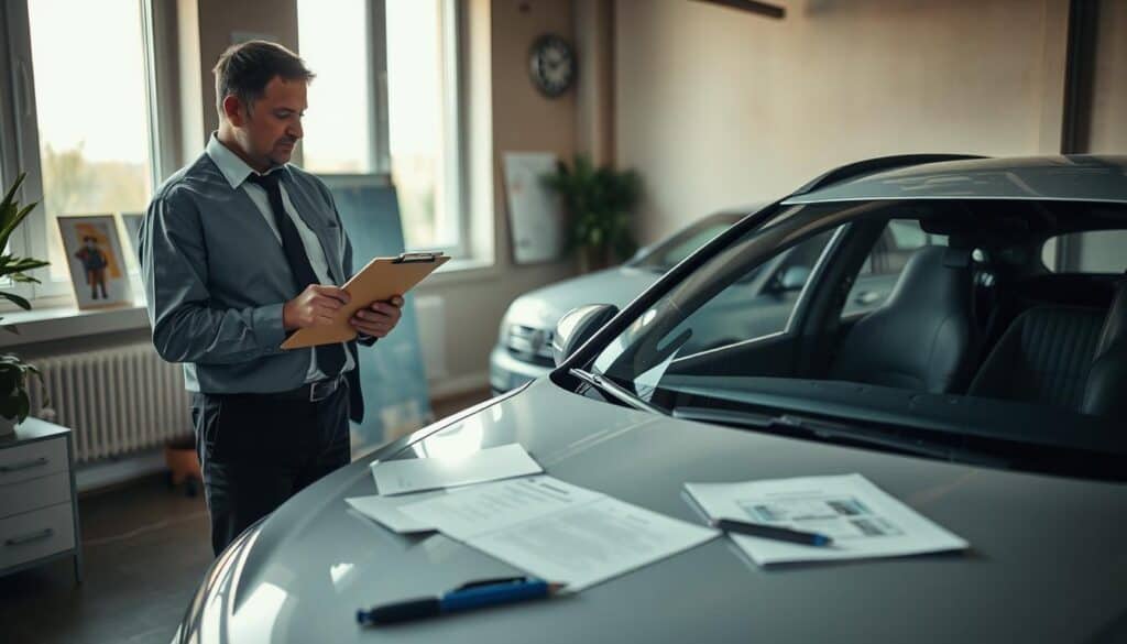 A professional assessor, known as a "rzeczoznawca," is intently examining a damaged car in an office setting. In the foreground, the assessor, dressed in business attire, holds a clipboard while inspecting the vehicle with a focus on details like scratches and dent marks. The middle ground showcases the car with a slightly cluttered desk filled with insurance documents and tools for assessment. In the background, large windows allow soft, natural light to filter into the room, enhancing the serious and analytical mood. The composition is framed from a three-quarter angle, emphasizing both the assessor and the vehicle, capturing the essence of the claims adjustment process. A professional assessor, known as a "rzeczoznawca," is intently examining a damaged car in an office setting. In the foreground, the assessor, dressed in business attire, holds a clipboard while inspecting the vehicle with a focus on details like scratches and dent marks. The middle ground showcases the car with a slightly cluttered desk filled with insurance documents and tools for assessment. In the background, large windows allow soft, natural light to filter into the room, enhancing the serious and analytical mood. The composition is framed from a three-quarter angle, emphasizing both the assessor and the vehicle, capturing the essence of the claims adjustment process.