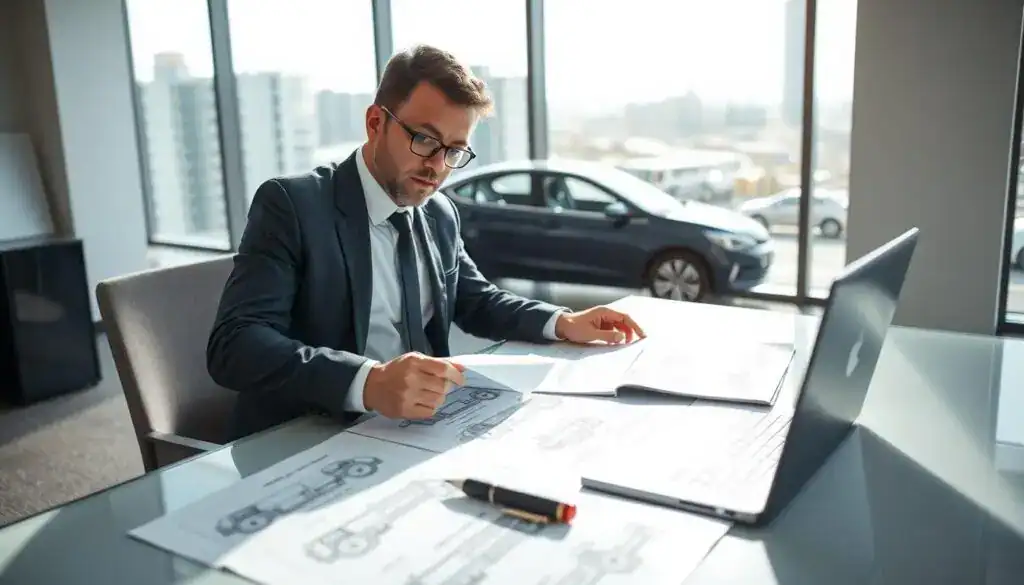 A professional auto appraiser, or "rzeczoznawca", in a modern office setting, examining vehicle blueprints and reports. The foreground features a well-dressed expert in a tailored suit, focused on analyzing data, with a laptop and a vehicle inspection manual in front of him. The middle ground shows a sleek desk organized with automotive diagrams and charts. In the background, a large window reveals a view of a busy cityscape under bright, natural light, creating a productive atmosphere. The scene is well-lit, with soft shadows adding depth, captured from a slightly angled perspective to emphasize the professional environment. Overall, the mood is one of professionalism, confidence, and diligence regarding vehicle evaluations. A professional auto appraiser, or "rzeczoznawca", in a modern office setting, examining vehicle blueprints and reports. The foreground features a well-dressed expert in a tailored suit, focused on analyzing data, with a laptop and a vehicle inspection manual in front of him. The middle ground shows a sleek desk organized with automotive diagrams and charts. In the background, a large window reveals a view of a busy cityscape under bright, natural light, creating a productive atmosphere. The scene is well-lit, with soft shadows adding depth, captured from a slightly angled perspective to emphasize the professional environment. Overall, the mood is one of professionalism, confidence, and diligence regarding vehicle evaluations.