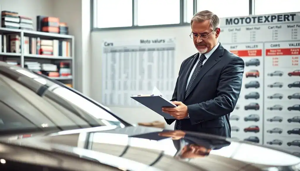 A professional automotive appraisal expert from MOTOEXPERT, depicted in a modern office setting. In the foreground, a middle-aged man, dressed in a neatly tailored suit, examines a vehicle with a clipboard in his hand, showing focused expression. The vehicle, a sleek, high-end car, occupies the center of the image, shining under bright, natural light filtering through large windows. In the background, shelves filled with automotive books and a large chart displaying car values create an informative and sophisticated atmosphere. The scene is captured with a slight depth of field, emphasizing the expert's intense scrutiny of the vehicle, while maintaining a sense of professionalism and authority in the appraisal process. The overall mood is serious yet confident, showcasing the dedication and expertise of MOTOEXPERT in vehicle valuation. A professional automotive appraisal expert from MOTOEXPERT, depicted in a modern office setting. In the foreground, a middle-aged man, dressed in a neatly tailored suit, examines a vehicle with a clipboard in his hand, showing focused expression. The vehicle, a sleek, high-end car, occupies the center of the image, shining under bright, natural light filtering through large windows. In the background, shelves filled with automotive books and a large chart displaying car values create an informative and sophisticated atmosphere. The scene is captured with a slight depth of field, emphasizing the expert's intense scrutiny of the vehicle, while maintaining a sense of professionalism and authority in the appraisal process. The overall mood is serious yet confident, showcasing the dedication and expertise of MOTOEXPERT in vehicle valuation.