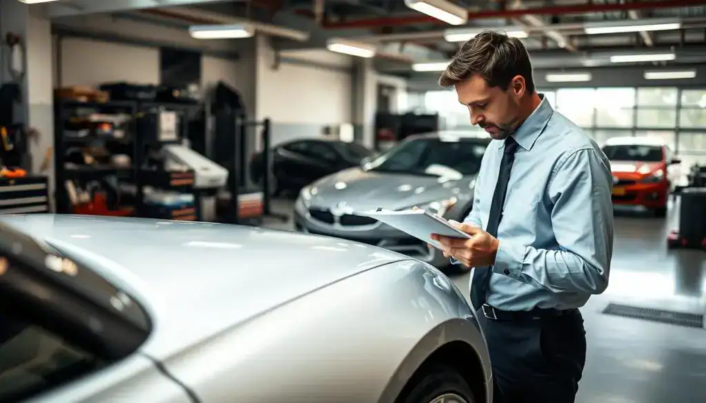 A professional automotive appraisal scene featuring a MOTOEXPERT expert examining a vehicle, dressed in smart business attire with a clipboard in hand. In the foreground, the expert is closely inspecting a sleek, modern car, emphasizing the details of the assessment process. The middle ground features a workshop setting with tools and equipment neatly arranged, while the background includes a well-lit garage showing various vehicles. Soft, natural lighting creates a professional and focused atmosphere, with the camera angle slightly above eye-level, capturing the depth of the workspace. The scene conveys a sense of expertise, precision, and professionalism in automotive valuation at 15,000 EUR. A professional automotive appraisal scene featuring a MOTOEXPERT expert examining a vehicle, dressed in smart business attire with a clipboard in hand. In the foreground, the expert is closely inspecting a sleek, modern car, emphasizing the details of the assessment process. The middle ground features a workshop setting with tools and equipment neatly arranged, while the background includes a well-lit garage showing various vehicles. Soft, natural lighting creates a professional and focused atmosphere, with the camera angle slightly above eye-level, capturing the depth of the workspace. The scene conveys a sense of expertise, precision, and professionalism in automotive valuation at 15,000 EUR.