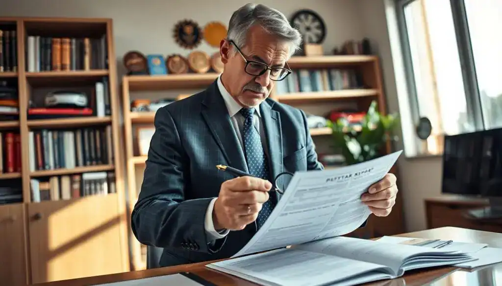 A professional automotive appraiser, depicted as a middle-aged man in a tailored suit, stands confidently in an office setting. He is examining a detailed car report on a desk filled with automotive documentation, ensuring no details are overlooked. The background features shelves filled with automotive books and industry awards, emphasizing expertise. Soft, natural light from a nearby window highlights the scene, casting gentle shadows and creating an atmosphere of trust and professionalism. The appraiser holds a pen in one hand while using a magnifying glass with the other, focusing intently on the report. The camera angle captures him from a slight low perspective, adding a sense of importance to his role in the appraisal process. A professional automotive appraiser, depicted as a middle-aged man in a tailored suit, stands confidently in an office setting. He is examining a detailed car report on a desk filled with automotive documentation, ensuring no details are overlooked. The background features shelves filled with automotive books and industry awards, emphasizing expertise. Soft, natural light from a nearby window highlights the scene, casting gentle shadows and creating an atmosphere of trust and professionalism. The appraiser holds a pen in one hand while using a magnifying glass with the other, focusing intently on the report. The camera angle captures him from a slight low perspective, adding a sense of importance to his role in the appraisal process.