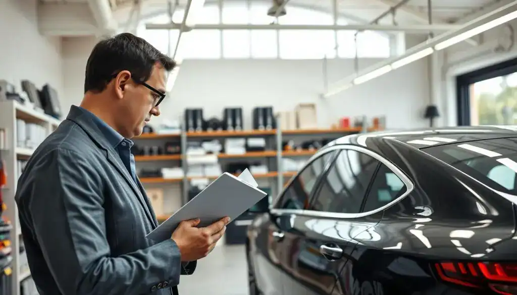 A professional automotive appraiser, depicted in business attire, analyzing a car in a well-lit office setting. In the foreground, the appraiser, a middle-aged man with short dark hair and glasses, is intently inspecting a vehicle's bodywork and checking its specifications on a clipboard. The middle ground features a sleek, modern car (perhaps a luxury sedan), positioned prominently. Bright overhead lights illuminate the workspace, creating a clear and detailed view of the vehicle. The background includes shelves filled with automotive manuals, tools, and a large window showcasing a sunny day outside. The overall mood is one of professionalism and expertise, emphasizing the thoroughness and reliability of MOTOEXPERT's valuation services. A professional automotive appraiser, depicted in business attire, analyzing a car in a well-lit office setting. In the foreground, the appraiser, a middle-aged man with short dark hair and glasses, is intently inspecting a vehicle's bodywork and checking its specifications on a clipboard. The middle ground features a sleek, modern car (perhaps a luxury sedan), positioned prominently. Bright overhead lights illuminate the workspace, creating a clear and detailed view of the vehicle. The background includes shelves filled with automotive manuals, tools, and a large window showcasing a sunny day outside. The overall mood is one of professionalism and expertise, emphasizing the thoroughness and reliability of MOTOEXPERT's valuation services.