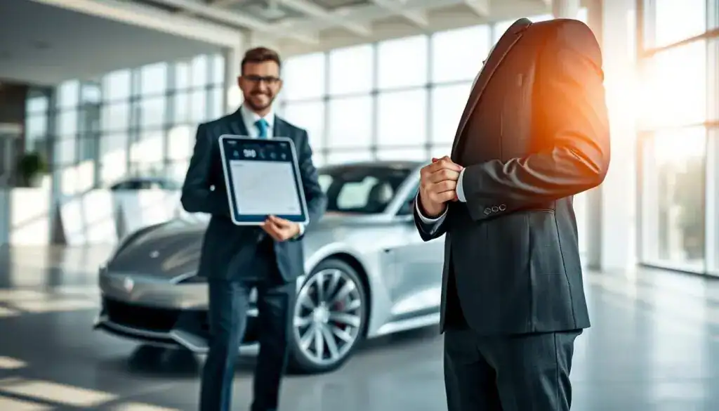 A professional automotive appraiser, dressed in a sharp business suit, stands confidently in the foreground, holding a digital tablet displaying vehicle valuation data. In the middle ground, a sleek silver car is showcased with the sun reflecting off its polished surface, emphasizing its modern design. The background features an impressive office space with large windows, allowing natural light to flood in, creating a bright and welcoming atmosphere. Soft shadows add depth to the scene, and an elegant, minimalistic aesthetic is maintained throughout. The overall mood conveys professionalism and expertise, highlighting the significance of accurate vehicle valuation in the automotive industry.