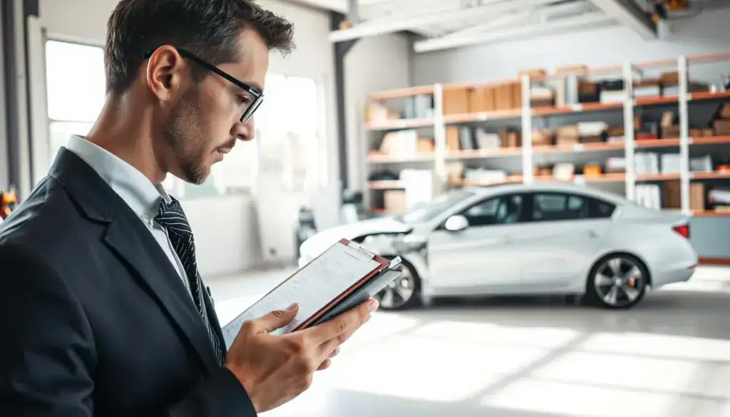 A professional automotive appraiser, dressed in business attire, closely examines a car's damage in a bright, modern office setting. In the foreground, a detailed view of the appraiser’s focused expression reveals expertise and diligence, with their hands holding a clipboard featuring inspection notes. In the middle ground, the car, a sleek sedan with visible damage, sits on a clean workshop floor, under soft, diffused natural light from large windows, enhancing the clarity of the scene. In the background, shelves filled with automotive reference books and tools indicate a well-equipped workspace. The atmosphere conveys a sense of professionalism and precision, illustrating the important role of an appraiser in the valuation process. A professional automotive appraiser, dressed in business attire, closely examines a car's damage in a bright, modern office setting. In the foreground, a detailed view of the appraiser’s focused expression reveals expertise and diligence, with their hands holding a clipboard featuring inspection notes. In the middle ground, the car, a sleek sedan with visible damage, sits on a clean workshop floor, under soft, diffused natural light from large windows, enhancing the clarity of the scene. In the background, shelves filled with automotive reference books and tools indicate a well-equipped workspace. The atmosphere conveys a sense of professionalism and precision, illustrating the important role of an appraiser in the valuation process.