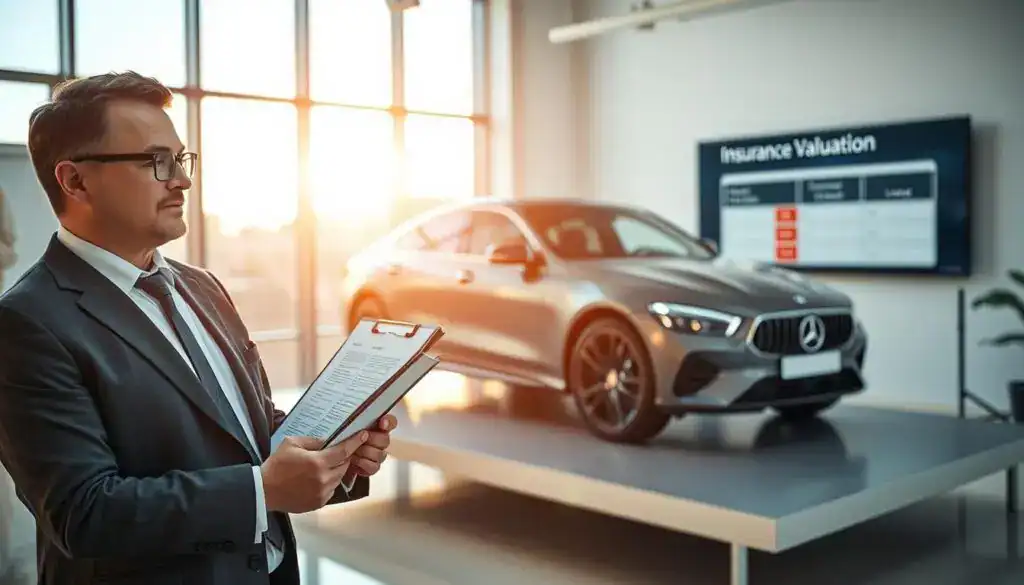 A professional automotive appraiser, representing "MOTOEXPERT," confidently analyzes a vehicle in a bright, modern office environment. In the foreground, he is dressed in a smart business suit, holding a clipboard with detailed valuation notes. The middle ground features a sleek, high-end car on a raised platform, illuminated by soft, natural light coming from large windows, emphasizing the car's features. In the background, a wall-mounted display shows a digital presentation comparing the two insurance valuations. The atmosphere should convey professionalism and expertise, with a focus on precision and analysis. The camera angle is slightly elevated, capturing both the appraiser's focused expression and the impressive vehicle in a clean, well-organized space. A professional automotive appraiser, representing "MOTOEXPERT," confidently analyzes a vehicle in a bright, modern office environment. In the foreground, he is dressed in a smart business suit, holding a clipboard with detailed valuation notes. The middle ground features a sleek, high-end car on a raised platform, illuminated by soft, natural light coming from large windows, emphasizing the car's features. In the background, a wall-mounted display shows a digital presentation comparing the two insurance valuations. The atmosphere should convey professionalism and expertise, with a focus on precision and analysis. The camera angle is slightly elevated, capturing both the appraiser's focused expression and the impressive vehicle in a clean, well-organized space.