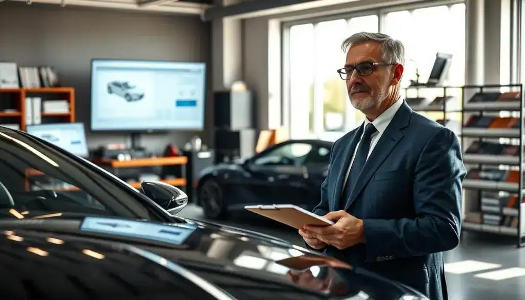 A professional automotive appraiser, "rzeczoznawca MOTOEXPERT," standing in a modern office environment, surrounded by detailed vehicle schematics and appraisal tools. In the foreground, the appraiser, a middle-aged man in a tailored suit, examines a sleek car with a clipboard in hand. His focused expression conveys expertise and diligence. In the middle ground, a large window lets in natural light, illuminating the space and highlighting the sophisticated automotive equipment and a computer monitor displaying appraisal software. In the background, shelves hold reference books and industry magazines, enhancing the professional atmosphere. The overall mood is one of trust and authority, suggesting a top-tier service in vehicle valuation. The angle is slightly elevated to capture both the appraiser and the workspace seamlessly, ensuring clarity and depth. A professional automotive appraiser, "rzeczoznawca MOTOEXPERT," standing in a modern office environment, surrounded by detailed vehicle schematics and appraisal tools. In the foreground, the appraiser, a middle-aged man in a tailored suit, examines a sleek car with a clipboard in hand. His focused expression conveys expertise and diligence. In the middle ground, a large window lets in natural light, illuminating the space and highlighting the sophisticated automotive equipment and a computer monitor displaying appraisal software. In the background, shelves hold reference books and industry magazines, enhancing the professional atmosphere. The overall mood is one of trust and authority, suggesting a top-tier service in vehicle valuation. The angle is slightly elevated to capture both the appraiser and the workspace seamlessly, ensuring clarity and depth.