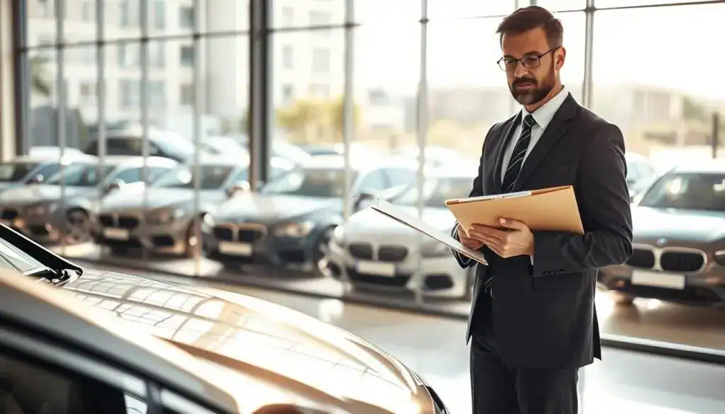 A professional automotive appraiser standing confidently next to a sleek, modern vehicle in a well-lit office environment. The appraiser, dressed in a tailored suit, is holding a clipboard and reviewing documents, showing a focused expression. In the background, a large window reveals a sunny urban landscape with an assortment of automobiles parked. Bright, natural light filters through the glass, creating a professional and inviting atmosphere. The composition emphasizes the appraiser's attention to detail and expertise. A subtle depth of field adds dimension to the image, highlighting the appraiser while slightly blurring the background. The overall mood is one of professionalism, authority, and trust in the car appraisal process. A professional automotive appraiser standing confidently next to a sleek, modern vehicle in a well-lit office environment. The appraiser, dressed in a tailored suit, is holding a clipboard and reviewing documents, showing a focused expression. In the background, a large window reveals a sunny urban landscape with an assortment of automobiles parked. Bright, natural light filters through the glass, creating a professional and inviting atmosphere. The composition emphasizes the appraiser's attention to detail and expertise. A subtle depth of field adds dimension to the image, highlighting the appraiser while slightly blurring the background. The overall mood is one of professionalism, authority, and trust in the car appraisal process.