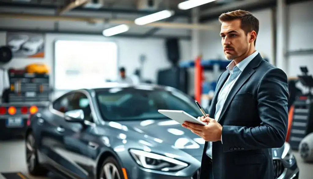 A professional automotive appraiser stands in the foreground, examining a shiny, modern car with a thoughtful expression. He is dressed in a tailored suit, holding a clipboard and a pen, with a digital tablet on the side. In the middle, there is a sleek car parked in a well-lit garage, showcasing its pristine condition and details like the paint job and bodywork. The background features a blurred automotive workshop, with tools and equipment subtly visible, creating an atmosphere of expertise and professionalism. The lighting is bright and even, emphasizing the car's features and the appraiser's focused demeanor. The overall mood conveys diligence and trustworthiness, ideal for illustrating the selection of a qualified appraiser. A professional automotive appraiser stands in the foreground, examining a shiny, modern car with a thoughtful expression. He is dressed in a tailored suit, holding a clipboard and a pen, with a digital tablet on the side. In the middle, there is a sleek car parked in a well-lit garage, showcasing its pristine condition and details like the paint job and bodywork. The background features a blurred automotive workshop, with tools and equipment subtly visible, creating an atmosphere of expertise and professionalism. The lighting is bright and even, emphasizing the car's features and the appraiser's focused demeanor. The overall mood conveys diligence and trustworthiness, ideal for illustrating the selection of a qualified appraiser.