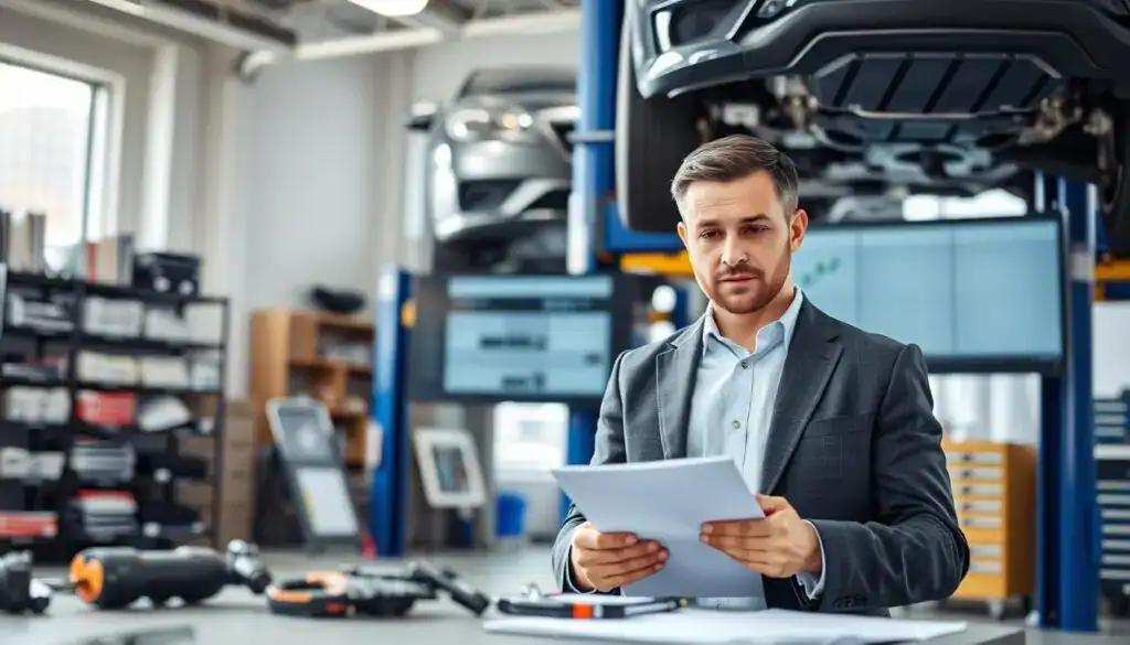 A professional automotive expert, depicted as a focused male inspector in a smart business suit, examining a vehicle in a well-lit, modern garage setting. The foreground features detailed inspection tools and a clipboard in his hands, emphasizing meticulous workmanship. In the middle, a car is elevated on a hydraulic lift, showcasing its undercarriage, while a large screen displays a comparison of car valuation figures. The background contains shelves filled with automotive manuals and tools, fading softly into a blurred cityscape seen through a window, evoking a sense of professionalism and expertise. Bright, natural lighting filters in, creating a sharp and clean atmosphere that highlights the importance of accurate car evaluations.