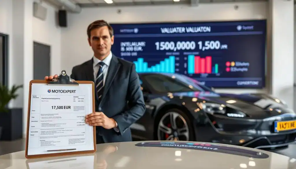 A professional automotive expert, dressed in a smart business suit, stands confidently beside a sleek car in a well-lit office environment, showcasing the MOTOEXPERT valuation of 15,000 EUR. The foreground features a clipboard with clear documentation of the valuation process, demonstrating precision and attention to detail. In the middle ground, a large screen displays charts and graphs relevant to the valuation comparisons, highlighting the distinction between 7,500 EUR and 15,000 EUR. The background depicts a modern office with soft lighting, emphasizing a professional atmosphere. The overall mood is serious yet informative, inviting readers to consider the importance of expert assessments in vehicle valuation. The perspective is slightly angled to create depth, drawing the viewer’s eye to the details in the foreground and the sleek car. A professional automotive expert, dressed in a smart business suit, stands confidently beside a sleek car in a well-lit office environment, showcasing the MOTOEXPERT valuation of 15,000 EUR. The foreground features a clipboard with clear documentation of the valuation process, demonstrating precision and attention to detail. In the middle ground, a large screen displays charts and graphs relevant to the valuation comparisons, highlighting the distinction between 7,500 EUR and 15,000 EUR. The background depicts a modern office with soft lighting, emphasizing a professional atmosphere. The overall mood is serious yet informative, inviting readers to consider the importance of expert assessments in vehicle valuation. The perspective is slightly angled to create depth, drawing the viewer’s eye to the details in the foreground and the sleek car.