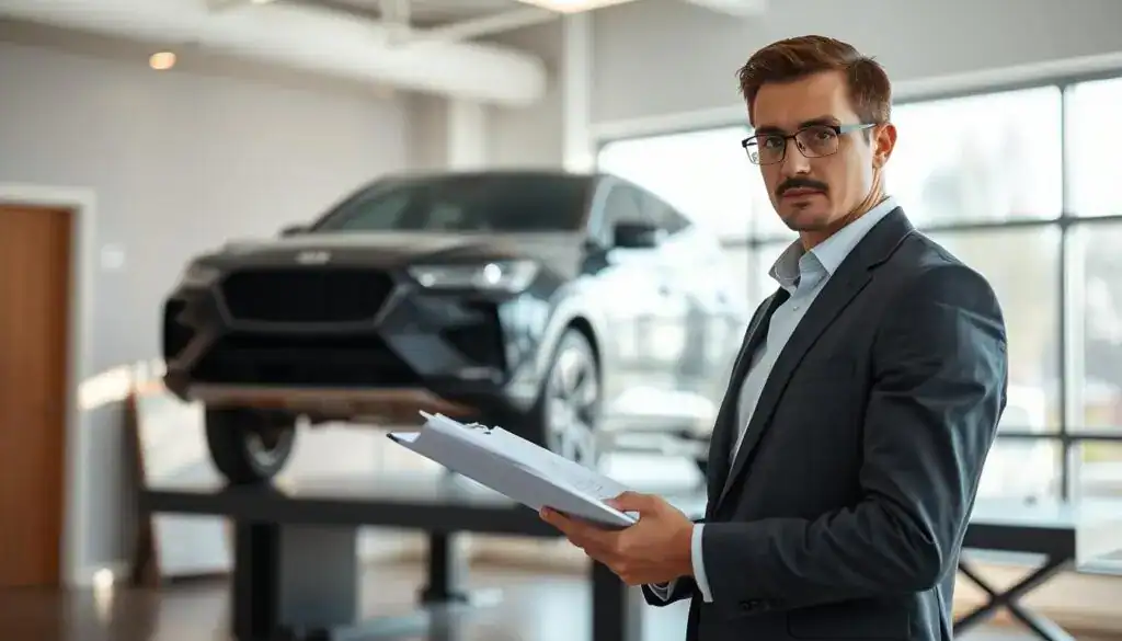 A professional automotive expert evaluating a vehicle in a modern office setting. In the foreground, a focused male expert, wearing a tailored suit, holds a clipboard with detailed assessment notes. His expression is serious but composed, reflecting his expertise. The middle ground features a sleek car on a raised platform, highlighting its features. A large window in the background allows natural light to spill into the room, creating a bright and welcoming atmosphere. Soft shadows enhance the depth of the scene. The overall mood conveys professionalism and diligence, emphasizing the importance of accurate vehicle appraisal in the insurance industry, with an emphasis on clarity and expertise. A professional automotive expert evaluating a vehicle in a modern office setting. In the foreground, a focused male expert, wearing a tailored suit, holds a clipboard with detailed assessment notes. His expression is serious but composed, reflecting his expertise. The middle ground features a sleek car on a raised platform, highlighting its features. A large window in the background allows natural light to spill into the room, creating a bright and welcoming atmosphere. Soft shadows enhance the depth of the scene. The overall mood conveys professionalism and diligence, emphasizing the importance of accurate vehicle appraisal in the insurance industry, with an emphasis on clarity and expertise.
