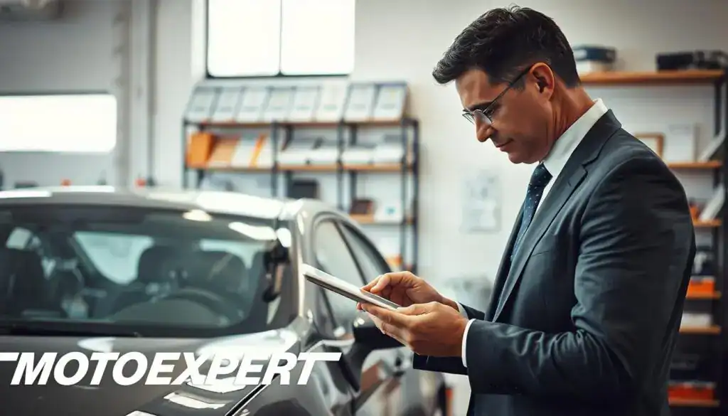 A professional automotive expert in a smart business suit carefully evaluating a car's damages in a well-lit office setting. The foreground showcases the expert, a middle-aged man with short, dark hair, using a digital tablet to assess the vehicle's condition. The middle section features a damaged car with visible scratches and dents, surrounded by various tools and documents related to vehicle assessment. In the background, a large window lets in natural light, illuminating shelves filled with automotive manuals and industry certifications. The atmosphere is serious and focused, reflecting the expertise and credibility of MOTOEXPERT as a recognized vehicle evaluator. The composition is shot from a slightly elevated angle, highlighting both the expert's engagement with the car and the surrounding context of the assessment environment. A professional automotive expert in a smart business suit carefully evaluating a car's damages in a well-lit office setting. The foreground showcases the expert, a middle-aged man with short, dark hair, using a digital tablet to assess the vehicle's condition. The middle section features a damaged car with visible scratches and dents, surrounded by various tools and documents related to vehicle assessment. In the background, a large window lets in natural light, illuminating shelves filled with automotive manuals and industry certifications. The atmosphere is serious and focused, reflecting the expertise and credibility of MOTOEXPERT as a recognized vehicle evaluator. The composition is shot from a slightly elevated angle, highlighting both the expert's engagement with the car and the surrounding context of the assessment environment.