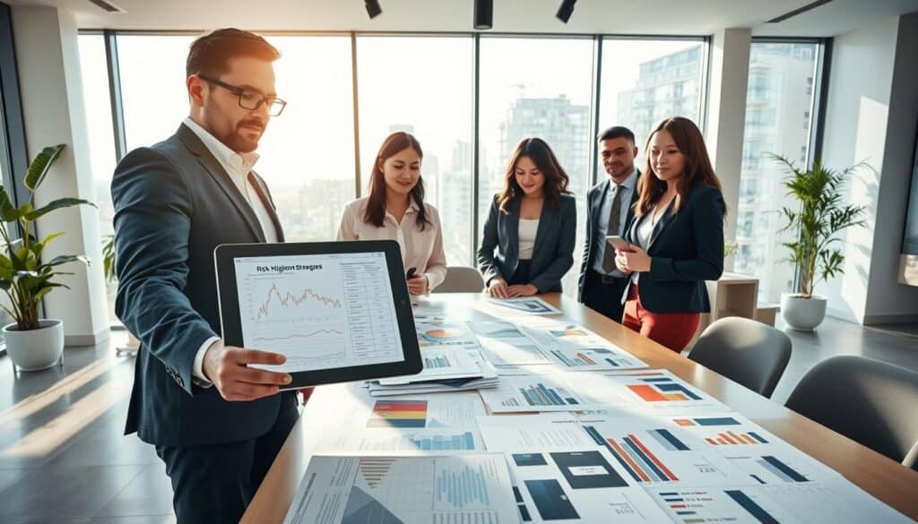 A professional business environment depicting the theme of "prevention in insurance damage claims." The foreground features a diverse group of three individuals in professional attire, engaged in a focused discussion around a digital tablet displaying complex data on risk mitigation strategies. The middle ground highlights a large conference table cluttered with reports and charts illustrating loss prevention outcomes. In the background, large windows allow natural light to spill into the modern office space, creating a bright, optimistic atmosphere. Soft shadows from indoor plants and sleek furniture enhance the professional mood. The scene is captured at eye-level, showcasing the engaged expressions of the participants, conveying collaboration and proactive measures in the insurance sector. A professional business environment depicting the theme of "prevention in insurance damage claims." The foreground features a diverse group of three individuals in professional attire, engaged in a focused discussion around a digital tablet displaying complex data on risk mitigation strategies. The middle ground highlights a large conference table cluttered with reports and charts illustrating loss prevention outcomes. In the background, large windows allow natural light to spill into the modern office space, creating a bright, optimistic atmosphere. Soft shadows from indoor plants and sleek furniture enhance the professional mood. The scene is captured at eye-level, showcasing the engaged expressions of the participants, conveying collaboration and proactive measures in the insurance sector.