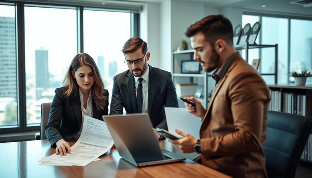A professional business meeting in a modern office setting, showcasing a group of three business professionals, two men and one woman, discussing insurance claims. In the foreground, the woman, dressed in a smart blazer, points to a document on the table, while one man, in a suit, examines a laptop screen displaying claims data. The other man, in a smart casual shirt, takes notes. The middle ground features a large window with city views, allowing natural light to flood the room, creating a bright and engaging atmosphere. The background includes shelves with books and awards related to insurance, emphasizing expertise. The mood is serious yet collaborative, highlighting practical examples of claims adjustments and negotiations. A professional business meeting in a modern office setting, showcasing a group of three business professionals, two men and one woman, discussing insurance claims. In the foreground, the woman, dressed in a smart blazer, points to a document on the table, while one man, in a suit, examines a laptop screen displaying claims data. The other man, in a smart casual shirt, takes notes. The middle ground features a large window with city views, allowing natural light to flood the room, creating a bright and engaging atmosphere. The background includes shelves with books and awards related to insurance, emphasizing expertise. The mood is serious yet collaborative, highlighting practical examples of claims adjustments and negotiations.