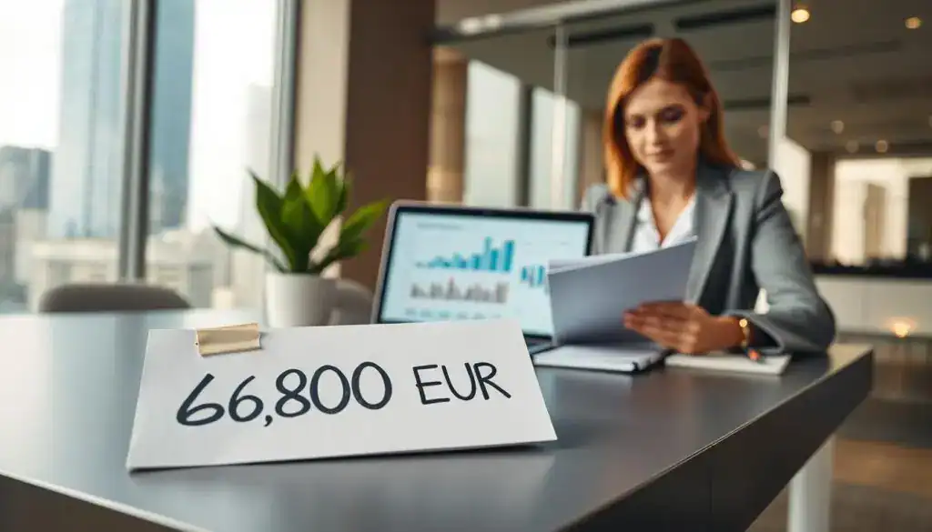 A professional business setting showcasing the concept of insurance valuation, featuring a confident businesswoman in smart attire analyzing financial documents on a sleek, modern desk. The foreground includes a close-up of a notepad with the figure "6,800 EUR" clearly visible, symbolizing the insurance assessment. The middle ground presents a laptop displaying charts and graphs related to insurance pricing, while a potted plant adds a touch of greenery. In the background, soft office lighting illuminates a contemporary space with large windows revealing a city skyline. The atmosphere is focused and analytical, conveying a sense of professionalism and expertise in the insurance field, emphasizing key insights without distractions. A professional business setting showcasing the concept of insurance valuation, featuring a confident businesswoman in smart attire analyzing financial documents on a sleek, modern desk. The foreground includes a close-up of a notepad with the figure "6,800 EUR" clearly visible, symbolizing the insurance assessment. The middle ground presents a laptop displaying charts and graphs related to insurance pricing, while a potted plant adds a touch of greenery. In the background, soft office lighting illuminates a contemporary space with large windows revealing a city skyline. The atmosphere is focused and analytical, conveying a sense of professionalism and expertise in the insurance field, emphasizing key insights without distractions.