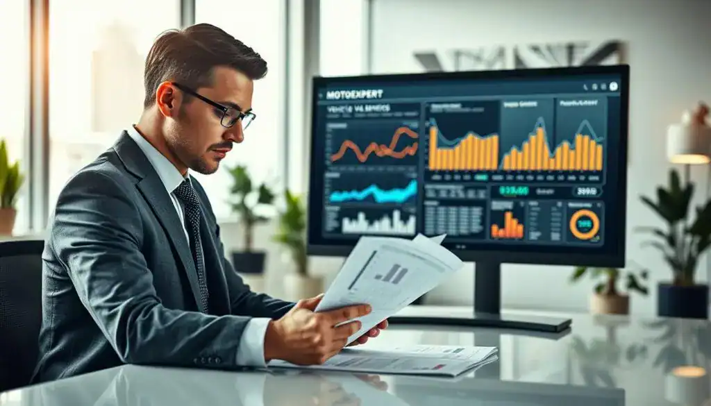 A professional business setting with a bright and clean office environment. In the foreground, a focused financial analyst in smart business attire examines a detailed vehicle valuation report on a sleek desk. The individual's expression conveys confidence and expertise. In the middle ground, a large computer screen displays graphs and data related to vehicle valuation, emphasizing the technological aspect of MOTOEXPERT’s services. Soft, natural lighting filters in through large windows, creating a warm and inviting atmosphere. The background features a modern office with abstract art and plants, conveying professionalism and innovation. The overall mood is one of trust and reliability, fitting for a topic about vehicle valuation services. A professional business setting with a bright and clean office environment. In the foreground, a focused financial analyst in smart business attire examines a detailed vehicle valuation report on a sleek desk. The individual's expression conveys confidence and expertise. In the middle ground, a large computer screen displays graphs and data related to vehicle valuation, emphasizing the technological aspect of MOTOEXPERT’s services. Soft, natural lighting filters in through large windows, creating a warm and inviting atmosphere. The background features a modern office with abstract art and plants, conveying professionalism and innovation. The overall mood is one of trust and reliability, fitting for a topic about vehicle valuation services.