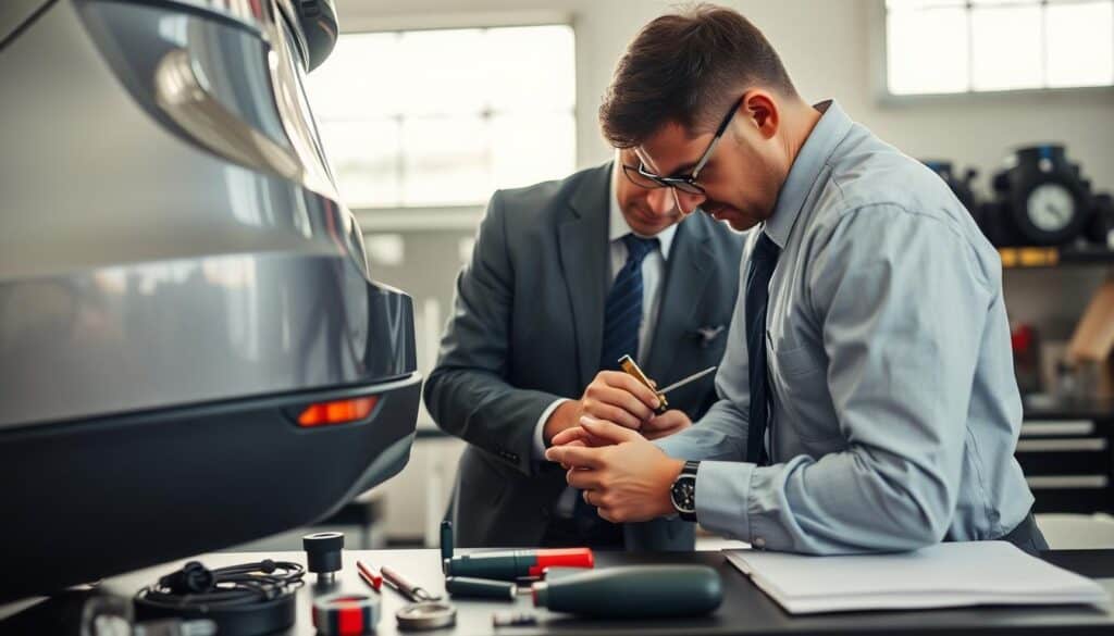 A professional collision expert, dressed in business attire, examines a damaged vehicle in a well-lit workshop. In the foreground, the expert is focused intently on the car's rear bumper, holding a measuring tool. In the middle ground, various tools and diagnostic equipment are neatly arranged on a workbench, adding a sense of professionalism and detail. The background features a large window with natural light streaming in, illuminating the scene and casting soft shadows. The atmosphere is one of seriousness and diligence, emphasizing the critical role of assessors in determining vehicle damage and compensation. The scene captures the essence of the work environment of an automotive appraiser, highlighting their expertise and attention to detail. A professional collision expert, dressed in business attire, examines a damaged vehicle in a well-lit workshop. In the foreground, the expert is focused intently on the car's rear bumper, holding a measuring tool. In the middle ground, various tools and diagnostic equipment are neatly arranged on a workbench, adding a sense of professionalism and detail. The background features a large window with natural light streaming in, illuminating the scene and casting soft shadows. The atmosphere is one of seriousness and diligence, emphasizing the critical role of assessors in determining vehicle damage and compensation. The scene captures the essence of the work environment of an automotive appraiser, highlighting their expertise and attention to detail.