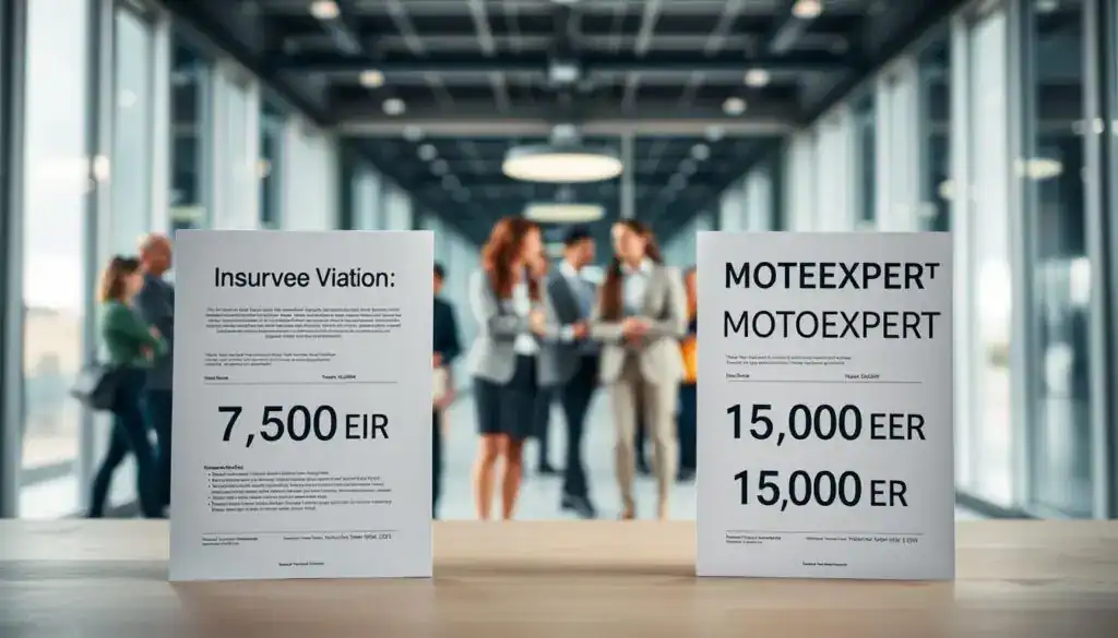 A professional comparison image showcasing two contrasting valuations in the insurance sector. In the foreground, display two distinct documents, one labeled "Insurance Valuation: 7,500 EUR" and the other "MOTOEXPERT Valuation: 15,000 EUR," creatively designed with clean, modern layouts. In the middle ground, depict two diverse groups of clients engaged in thoughtful discussions, dressed in business attire, reflecting a range of emotions from skepticism to satisfaction. The background should feature a sleek, professional office environment with large windows letting in natural light, creating a bright atmosphere. Use a shallow depth of field to focus on the documents and the client interactions, emphasizing their importance in the context of the valuations.