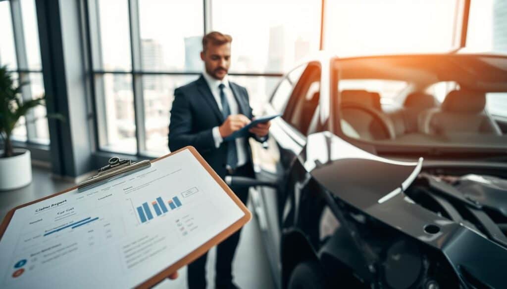 A professional insurance adjuster, dressed in smart business attire, examines a damaged vehicle in a well-lit office environment. In the foreground, a clipboard with a claim report and a digital tablet displaying charts is visible, emphasizing the analytical side of damage assessment. The middle layer includes the adjuster inspecting the car's condition, taking notes, with a thoughtful expression, symbolizing the examination of low compensation evaluations. In the background, large windows flood the space with natural light, revealing a cityscape that conveys a sense of professionalism. The mood is serious yet focused, highlighting the diligence and scrutiny associated with insurance claims processes. The focus is sharp, using a slight depth of field to bring attention to the adjuster and the damaged vehicle while softly blurring the background. A professional insurance adjuster, dressed in smart business attire, examines a damaged vehicle in a well-lit office environment. In the foreground, a clipboard with a claim report and a digital tablet displaying charts is visible, emphasizing the analytical side of damage assessment. The middle layer includes the adjuster inspecting the car's condition, taking notes, with a thoughtful expression, symbolizing the examination of low compensation evaluations. In the background, large windows flood the space with natural light, revealing a cityscape that conveys a sense of professionalism. The mood is serious yet focused, highlighting the diligence and scrutiny associated with insurance claims processes. The focus is sharp, using a slight depth of field to bring attention to the adjuster and the damaged vehicle while softly blurring the background.