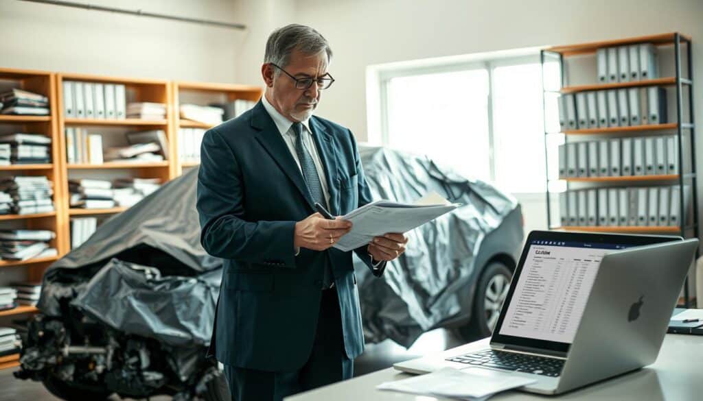A professional insurance adjuster examining a damaged vehicle in a well-lit office environment. In the foreground, the adjuster, a middle-aged person in a business suit, is taking notes while analyzing paperwork and photographs of the damage. In the middle ground, the vehicle, showing visible damage, is partially covered by a tarp, emphasizing the focus on the assessment. In the background, shelves filled with insurance policy folders and an open laptop display a spreadsheet of claims, creating an atmosphere of professionalism and urgency. The lighting is bright and natural, coming from a nearby window, casting soft shadows and highlighting the adjuster's focused expression. The overall mood is serious yet determined, reflecting the meticulous nature of claim evaluations. A professional insurance adjuster examining a damaged vehicle in a well-lit office environment. In the foreground, the adjuster, a middle-aged person in a business suit, is taking notes while analyzing paperwork and photographs of the damage. In the middle ground, the vehicle, showing visible damage, is partially covered by a tarp, emphasizing the focus on the assessment. In the background, shelves filled with insurance policy folders and an open laptop display a spreadsheet of claims, creating an atmosphere of professionalism and urgency. The lighting is bright and natural, coming from a nearby window, casting soft shadows and highlighting the adjuster's focused expression. The overall mood is serious yet determined, reflecting the meticulous nature of claim evaluations.