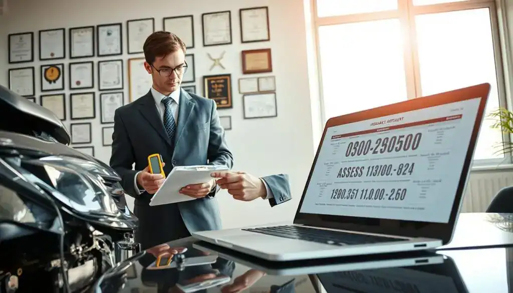 A professional insurance adjuster examining damage in a well-lit office environment. In the foreground, the adjuster, dressed in a tailored suit with a notepad and digital measuring device in hand, analyzes a damaged vehicle. The middle ground features an open laptop displaying assessment figures and a detailed report. In the background, a large window allows natural light to flood the room, illuminating a wall filled with certificates and industry awards, creating an atmosphere of trust and professionalism. The scene conveys a serious, focused mood, emphasizing the importance of precise evaluations in the assessment process. The composition is shot from an angle that captures both the adjuster's concentration and the technology around them, projecting a sense of expertise and diligence. A professional insurance adjuster examining damage in a well-lit office environment. In the foreground, the adjuster, dressed in a tailored suit with a notepad and digital measuring device in hand, analyzes a damaged vehicle. The middle ground features an open laptop displaying assessment figures and a detailed report. In the background, a large window allows natural light to flood the room, illuminating a wall filled with certificates and industry awards, creating an atmosphere of trust and professionalism. The scene conveys a serious, focused mood, emphasizing the importance of precise evaluations in the assessment process. The composition is shot from an angle that captures both the adjuster's concentration and the technology around them, projecting a sense of expertise and diligence.