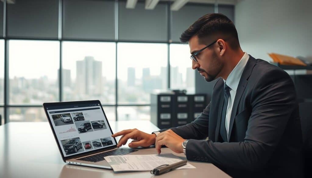 A professional insurance adjuster in a modern office setting, carefully analyzing a detailed vehicle damage report on a sleek desk. In the foreground, the adjuster, dressed in smart business attire, is focused on a laptop with images of damaged cars displayed. In the middle background, a large window lets in soft natural light, creating a calm atmosphere while a cityscape is visible outside. Filing cabinets and organizational tools give a sense of professionalism. Ambient lighting highlights the adjuster's concentration, with subtle shadows adding depth to the scene. The overall mood is analytical and serious, reflecting the crucial process of assessing insurance claims in a thorough and methodical manner. A professional insurance adjuster in a modern office setting, carefully analyzing a detailed vehicle damage report on a sleek desk. In the foreground, the adjuster, dressed in smart business attire, is focused on a laptop with images of damaged cars displayed. In the middle background, a large window lets in soft natural light, creating a calm atmosphere while a cityscape is visible outside. Filing cabinets and organizational tools give a sense of professionalism. Ambient lighting highlights the adjuster's concentration, with subtle shadows adding depth to the scene. The overall mood is analytical and serious, reflecting the crucial process of assessing insurance claims in a thorough and methodical manner.